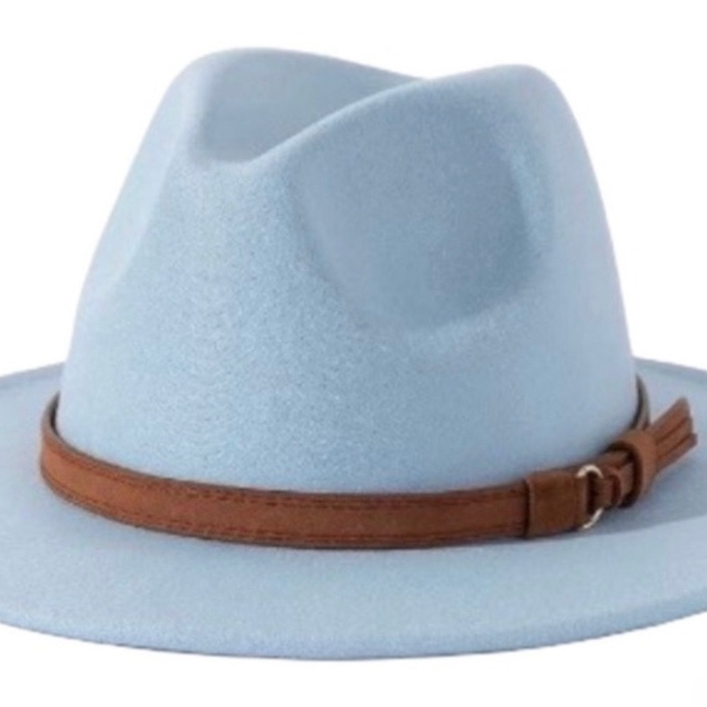 Sky Blue Wide Brim Fedora Hat with Brown Belt Buckle! - Picture 2 of 3